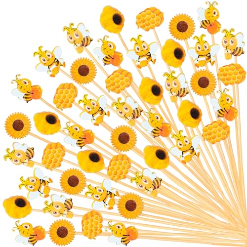 Whaline Cocktailspieße mit Sommerbienen, 6 Stile, gelbe Sonnenblumen-Waben, handgefertigt, Bambus-Zahnstocher, süßes Bienen-Thema, Garnierstäbchen für Vorspeisen, Obst, Sandwiches, Getränkespieße, 120 von Whaline
