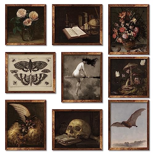 Whaline Dark Academia Wandkunstdrucke, Vintage-Halloween-Wanddekoration, Hexe auf Besenstiel, Blumenschädel, Gothic, Heimdekoration, Wandkunst für Halloween, Galerie, Wand, Wohnzimmer, Schlafzimmer, Whaline Dark Academia Wandkunstdrucke, Vintage-Halloween-Wanddekoration, Hexe auf Besenstiel, Blumenschädel, Gothic, Heimdekoration, Wandkunst für Halloween, Galerie, Wand, Wohnzimmer, Schlafzimmer, von Whaline