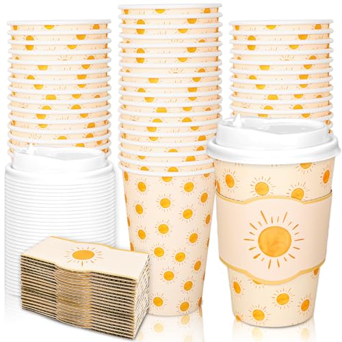 Whaline Einweg-Kaffeetassen mit Deckel, Boho-Sonne-Design, 473 ml, Sommergelb, Sonnenschein, Papier-Trinkbecher, Hülsen, To Go, heiße Kaffeetassen für Blumen, Tee, Geburtstag, Hochzeit, Babyparty von Whaline
