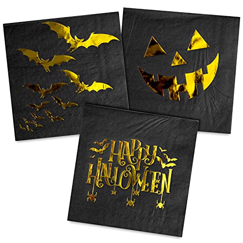 Whaline Einweg-Papierservietten für Halloween, 16.5 x 16.5 cm, große schwarze Folie, goldfarbene Cocktail-Servietten, 3 Designs, dicke Kürbis-, Fledermaus-Muster, Partyzubehör, 96 Stück von Whaline