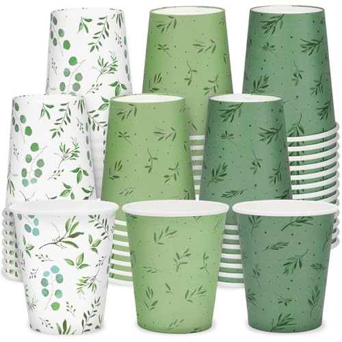 Whaline Greenery Pappbecher, 266 ml, Eukalyptus, Olivenblatt, Einweg-Kaffeetassen, salbeigrün, Trinkbecher für kalte Heißgetränke, Hochzeit, Braut, Dusche, Partyzubehör, 60 Stück von Whaline