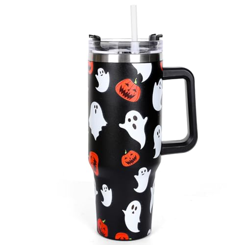 Whaline Halloween-Becher mit Strohhalm und Deckel, Geisterkürbis, Reise-Kaffeebecher mit Griff, für Süßes oder Leckereien, Geburtstagsparty-Geschenke, 1,2 l von Whaline