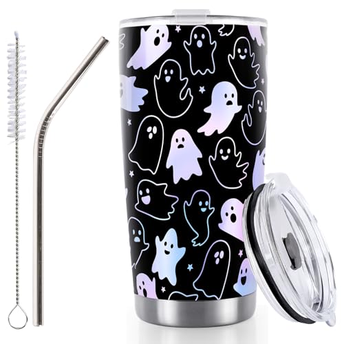 Whaline Halloween Ghost Tumbler Edelstahl Reisebecher mit Deckel Strohhalm und Bürste Gruselige Kaffeetasse Tasse für Frauen Reise Geburtstag Horror Geschenk von Whaline