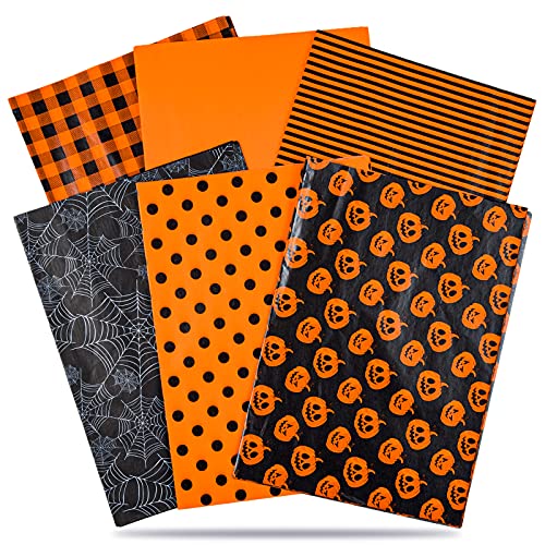 Whaline Halloween Seidenpapier 6 Designs orange schwarz Geschenkpapier Kürbis Spinnennetz Punkt Streifen Kunst Seidenpapier für Halloween Geburtstag Party Geschenktüte DIY Pompon Konfetti 90 Blatt von Whaline