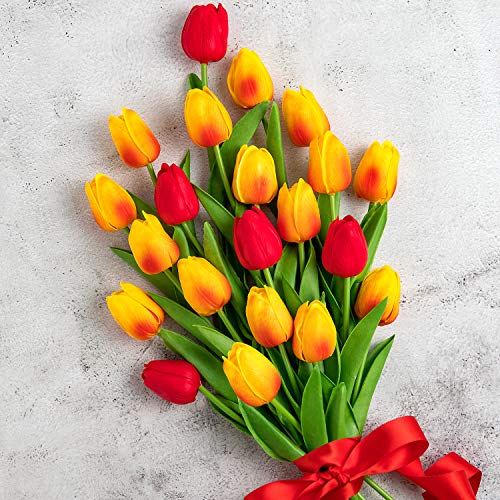 Whaline Künstliche Tulpen-Bouquet, künstliche Tulpen, aus Latex, für Zuhause, Garten, Hochzeit, Party, Blumendekoration (orange und rot), 20 Stück von Whaline