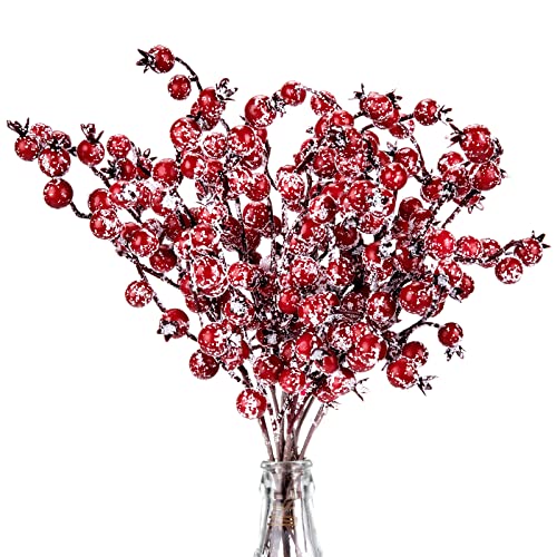 Whaline Künstliche rote Beeren-Picks, weihnachtliche Beeren-Stiele mit Schnee-Spitzen, Weihnachtskranz, Dekorations-Zubehör für Girlande, Weihnachtsbaum, Basteln, Tischdekoration, Hochzeit, 12 Stück von Whaline
