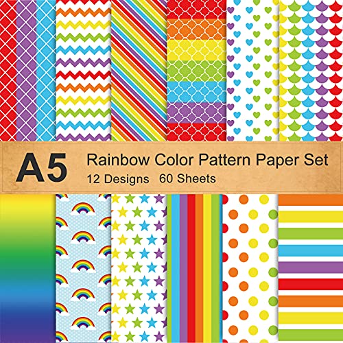 Whaline Regenbogenfarbenes Papier Set, 60 Blatt A5 doppelseitiges Bastelpapier Origami-Papier Ton-Papier dekoratives Papier für Geschenkdekoration Grußkarten Gay Pride Karten Scrapbooking (12 Stile) von Whaline