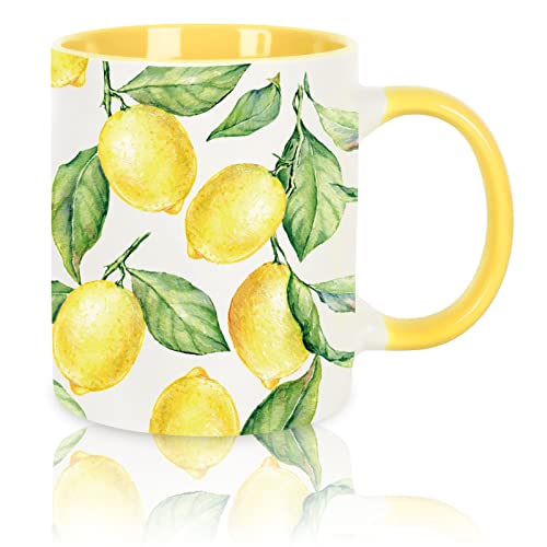 Whaline Sommerbecher-Set、 325 ml、 Aquarell、 Zitrone、 Kaffeetasse、 Sommer、 Limonade、 Keramik、 passende Tassen、 Sommerpartybecher für Zuhause、 Schule、 Büro、 Tischdekoration、 Einweihungsgeschenk von Whaline