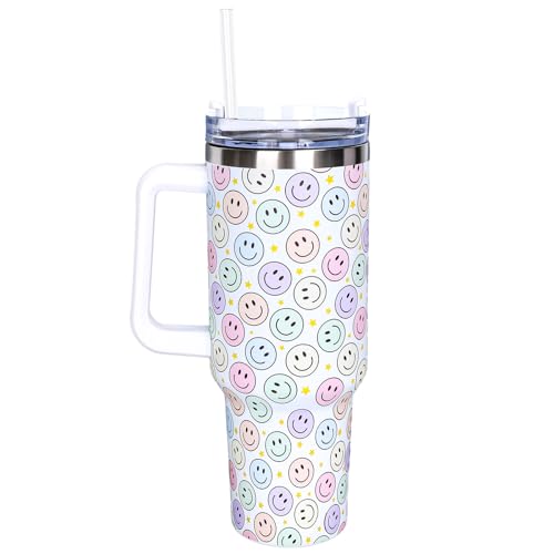 Whaline Trinkbecher mit Griff, Strohhalm und Deckel, lächelndes Gesicht, Reise-Kaffeebecher für Frauen, Freunde, Feiertage, Geburtstagsgeschenk, 1,2 l von Whaline
