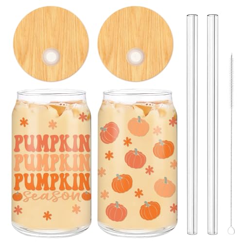 Whaline Trinkgläser, 473 ml, rosa Kürbisblume, Glasbecher, Herbsternte, Eiskaffeetasse für Herbst, Erntedankfest, Cocktail, Whiskey, Bier, Limonade, Geschenke, 2 Stück von Whaline