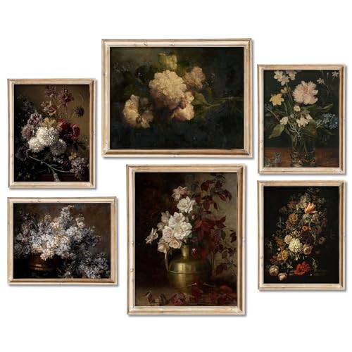 Whaline Wandkunstdrucke Dark Botanical Gallery Dark Academia Wanddekor Pfingstrose Vintage Ölgemälde Floral Wandkunst Poster für Galerie Schlafzimmer Wohnzimmer (ungerahmt), 6 Stück von Whaline