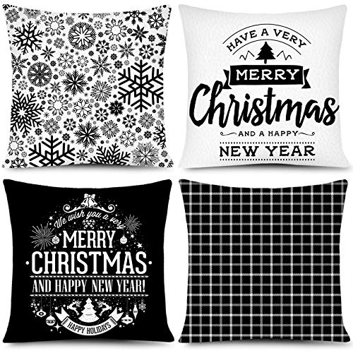 Whaline Weihnachtlicher Kissenbezug, weiß, schwarz, kariert, Schneeflocken-Kissenbezug, für Zuhause, Büro, Sofa, Bett, Weihnachten, Neujahr, Party-Dekoration, 4 Stück, 45,7 x 45,7 cm von Whaline