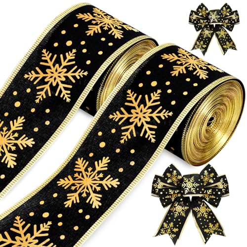 Whaline Weihnachtsbänder, 20 Meter, schwarz, gold, Schneeflocke, Drahtrand, Winterstoff, Bastelband für Weihnachtskranz, Schleife, DIY, Basteln, Verpackungszubehör, 2 Rollen, WH11073 von Whaline