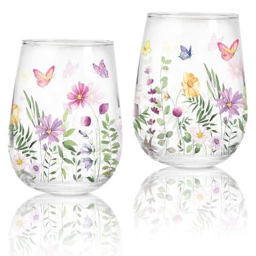Whaline Weingläser ohne Stiel, 480 ml, Wasserfarben, Blume, Schmetterling, Trinkgläser, Wildblumen, Becher für Partyzubehör, Geschenke, 2 Stück von Whaline
