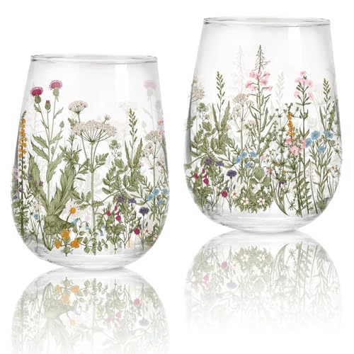 Whaline Weingläser ohne Stiel, Wasserfarben, Wildblumen, Trinkgläser, Becher für Frühling, Party, Geschenke, 2 Stück von Whaline