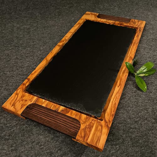 What the Art!® Olive Wood «Ardoise» | Olivenholz Servierbrett mit Schieferbrett + Dip-Schälchen | Handarbeit | 45 x 21 x 1,5 cm | Käsebrett - Sushi Brett - Tablett von What the Art!