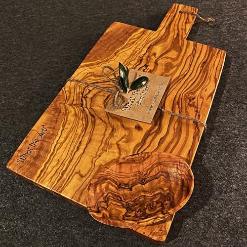 What the Art!® Olive Wood «Berlin» Gr. L | Olivenholz Schneidebrett + Dip-Schälchen | Handarbeit | 35 x 18 x 2 cm | Käsebrett - Servierbrett - Brotzeitbrett - Vesperbrett von What the Art!
