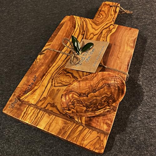 What the Art!® Olive Wood «Berlin Set» | 2 Olivenholz Schneidebretter + 2 Dip-Schälchen | Handarbeit | 30 x 16 cm & 35 x 18 cm | Bretterset - Käsebrett - Servierbrett - Küchenset von What the Art!