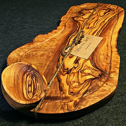 What the Art!® Olive Wood «Big Rustic» Gr. L | Olivenholz Schneidebrett + Dip-Schälchen | Handarbeit | ca. 46-49 x 20-26 x 2 cm | Käsebrett - Hackbrett - Tranchierbrett - Servierbrett von What the Art!