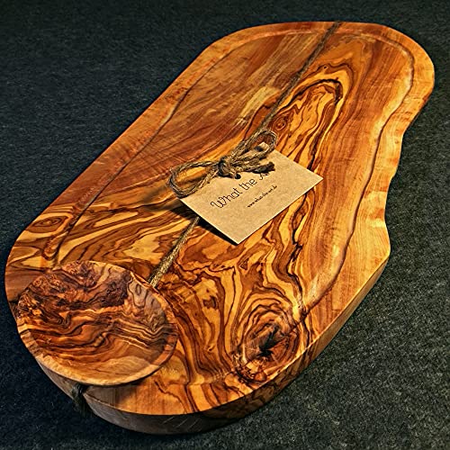 What the Art!® Olive Wood «Big Rustic» Gr. XL | Olivenholz Schneidebrett + Dip-Schälchen | Handarbeit | ca. 50-53 x 20-26 x 2 cm | Käsebrett - Hackbrett - Tranchierbrett - Servierbrett von What the Art!