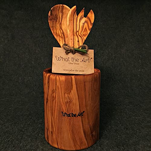 What the Art!® Olive Wood «Cuina Servidor» Gr. L | Olivenholz Besteckbehälter (Ø 11 x ↑ 14 cm) + Salatbesteck (30 cm) | Handarbeit | Köcher - Besteckfass - Besteckkorb - Besteckset - Stifthalter von What the Art!