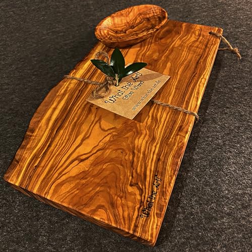 What the Art!® Olive Wood «Half Rustic» Gr. M | Olivenholz Schneidebrett + Dip-Schälchen | Handarbeit | ca. 30 x 14-17 x 2 cm | Käsebrett - Servierbrett - Brotzeitbrett - Vesperbrett von What the Art!