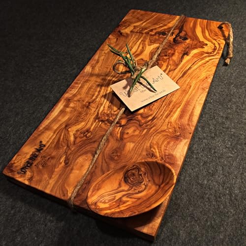 What the Art!® Olive Wood «Karo» Gr. L | Olivenholz Schneidebrett inkl. Dip-Schälchen | Handarbeit | 35 x 16 x 2 cm | Käsebrett - Hackbrett - Tranchierbrett - Servierbrett von What the Art!