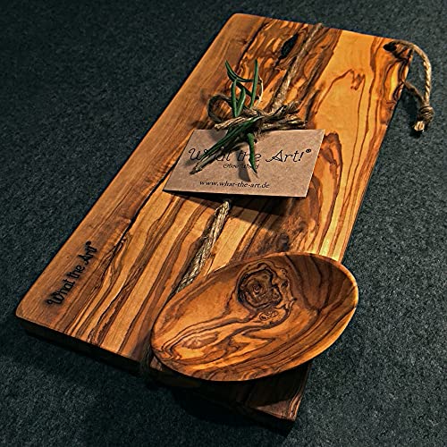 What the Art!® Olive Wood «Karo» Gr. M | Olivenholz Schneidebrett inkl. Dip-Schälchen | Handarbeit | 30 x 15 x 2 cm | Käsebrett - Hackbrett - Tranchierbrett - Servierbrett von What the Art!