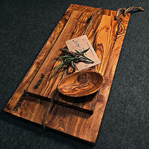 What the Art!® Olive Wood «Karo Set» Gr. XL | 2 Olivenholz Schneidebretter inkl. 2 Dip-Schälchen | Handarbeit | 35 x 16 cm & 40 x 18 cm | Bretterset - Käsebrett - Servierbrett - Küchenset von What the Art!