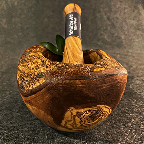 What the Art!® Olive Wood «Le Mortier» Gr. M | Olivenholz Mörser inkl. Stößel + Geschenk | ca. Ø 12 x ↑ 7-9 cm | Gewürzmörser - Kräutermörser - Küchenmörser - Stampfer - Mortar von What the Art!