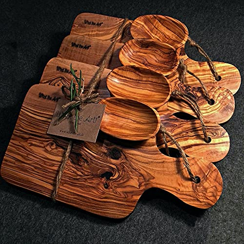 What the Art!® Olive Wood «Le Provençal Big Set» Gr. M | Set Frühstück 4 Olivenholz Schneidebretter inkl. 4 Dip-Schälchen | Handarbeit | 30 x 15 cm | Bretterset - Käsebrett - Servierbrett von What the Art!