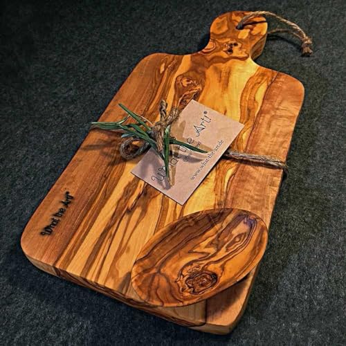 What the Art!® Olive Wood «Le Provençal» Gr. L | Olivenholz Schneidebrett inkl. Dip-Schälchen | Handarbeit | 35 x 16 x 2 cm | Käsebrett - Servierbrett - Brotzeitbrett - Vesperbrett von What the Art!