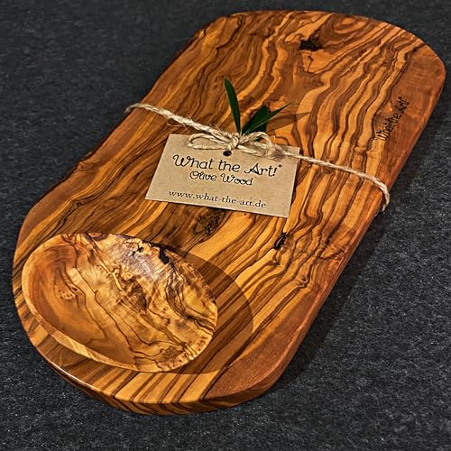 What the Art!® Olive Wood «Little Rustic» | Olivenholz Schneidebrett + Dip-Schälchen | Handarbeit | ca. 32-35 x 16-20 x 2 cm | Käsebrett - Hackbrett - Tranchierbrett - Servierbrett von What the Art!