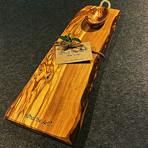 What the Art!® Olive Wood «Lungo» Gr. L | Olivenholz Schneidebrett inkl. Dip-Schälchen | Handgemacht | ca. 42 x 12-14 x 2 cm | Käsebrett - Hackbrett - Servierplatte - Servierbrett von What the Art!