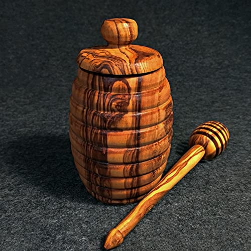 What the Art!® Olive Wood «Maja» | Olivenholz Honigtopf + Honiglöffel | Handarbeit | Ø 6-7 cm x ↑ 10 cm | mit Deckel - Honigbehälter - Honigfass - Honigheber von What the Art!