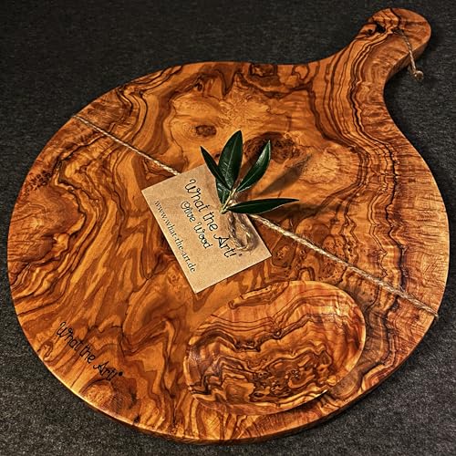 What the Art!® Olive Wood «Margherita» | Olivenholz Schneidebrett + Dip-Schälchen | Handarbeit | 43 x 30 x 2 cm | Pizzabrett - Käsebrett - Hackbrett - Servierbrett von What the Art!