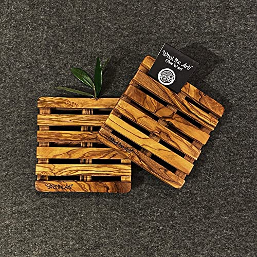 What the Art!® Olive Wood «Palette» Gr. S | 2er Set Olivenholz Untersetzer | Handarbeit | 10,5 x 10,5 x 2 cm | Glasuntersetzer - Tassenuntersetzer - Bierdeckel von What the Art!