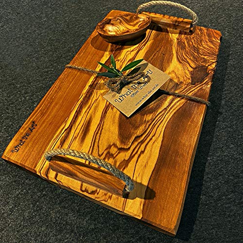 What the Art!® Olive Wood «Plancha» Gr. XL | Olivenholz Serviertablett inkl. Dip-Schälchen + Geschenk | ca. 36 x 23 x 2 cm | Tablett - Dekotablett - Servierplatte - Servierbrett von What the Art!