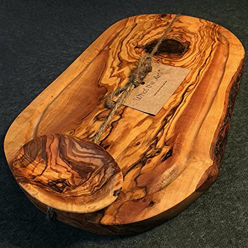 What the Art!® Olive Wood «Rustic» Gr. XL | Olivenholz Schneidebrett + Dip-Schälchen | Handarbeit | ca. 40-42 x 17-23 x 2 cm | Käsebrett - Hackbrett - Tranchierbrett - Servierbrett von What the Art!