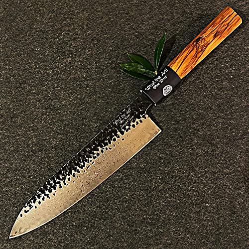 What the Art!® Olive Wood «Santoku» | Japanisches Küchenmesser | Damaststahl Kochmesser mit Olivenholzgriff | Handarbeit | 36 cm | Allzweckmesser - Fleischmesser - Damastmesser - Profimesser von What the Art!