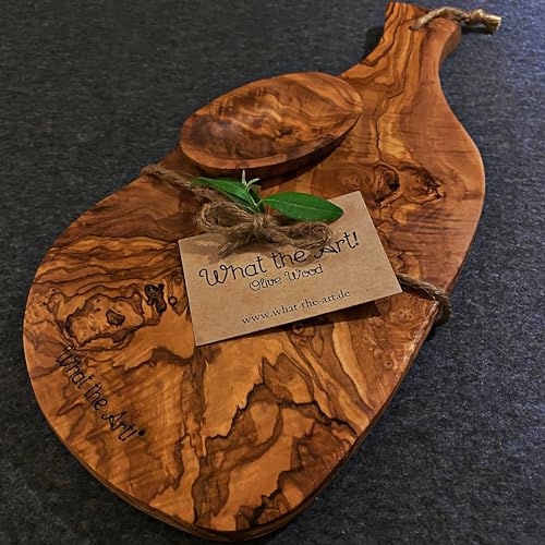 What the Art!® Olive Wood «Serrano» Gr. L | Olivenholz Schneidebrett inkl. Dip-Schälchen | Handarbeit | ca. 37 x 18 x 2 cm | Käsebrett - Servierbrett - Brotzeitbrett - Vesperbrett von What the Art!