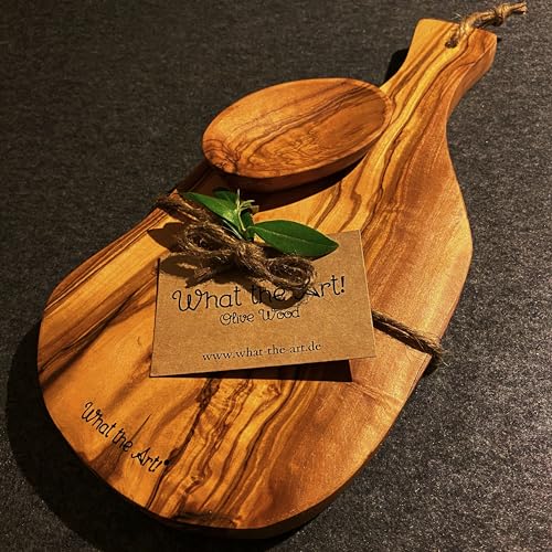 What the Art!® Olive Wood «Serrano» Gr. M | Olivenholz Schneidebrett inkl. Dip-Schälchen | Handarbeit | ca. 30 x 15 x 2 cm | Käsebrett - Servierbrett - Brotzeitbrett - Vesperbrett von What the Art!