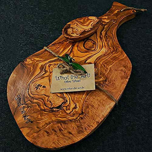 What the Art!® Olive Wood «Serrano» Gr. XL | Olivenholz Schneidebrett inkl. Dip-Schälchen | Handarbeit | ca. 45 x 19 x 2 cm | Käsebrett - Servierbrett - Brotzeitbrett - Vesperbrett von What the Art!