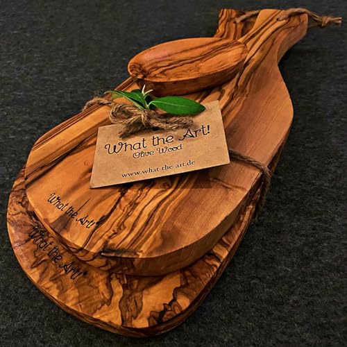 What the Art!® Olive Wood «Serrano Set» Gr. L | 2 Olivenholz Schneidebretter inkl. 2 Dip-Schälchen | Handarbeit | ca. 30 x 15 & 37 x 18 cm | Bretterset - Käsebrett - Servierbrett - Küchenset von What the Art!