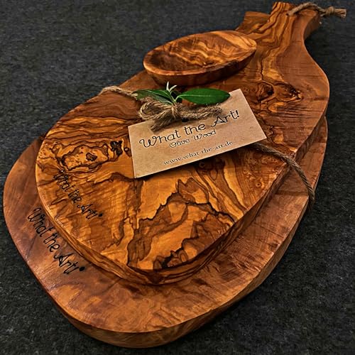 What the Art!® Olive Wood «Serrano Set» Gr. XL | 2 Olivenholz Schneidebretter inkl. 2 Dip-Schälchen | Handarbeit | ca. 37 x 18 & 45 x 19 cm | Bretterset - Käsebrett - Servierbrett - Küchenset von What the Art!
