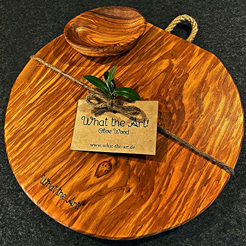 What the Art!® Olive Wood «Soleil» Gr. L | Olivenholz Schneidebrett inkl. Dip-Schälchen | Handarbeit | 25 x 25 x 2 cm | Käsebrett - Hackbrett - Tranchierbrett - Servierbrett von What the Art!
