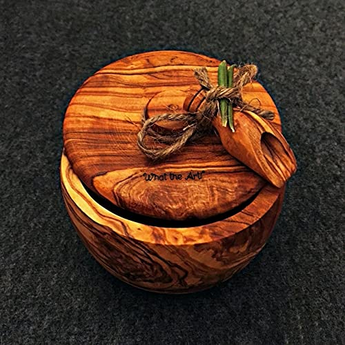What the Art!® Olive Wood «Sweety» | Olivenholz Zuckerdose + Schäufelchen | Handarbeit | Ø 10 cm ↑ 7 cm | mit Deckel - Zuckerbehälter - Gewürzdose - Salztopf von What the Art!