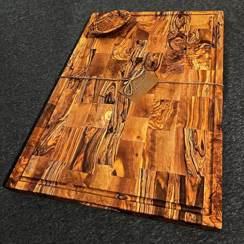 What the Art!® Olive Wood «The Block» | Olivenholz Schneidebrett + Dip-Schälchen | Handarbeit | Steakbrett - Tranchierbrett - Hackbrett (L | 45 x 25 x 3 cm) von What the Art!
