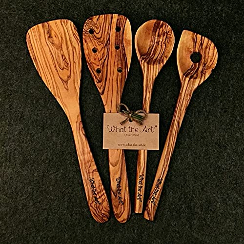 What the Art!® Olive Wood «The Chef» Gr. M | Olivenholz Kochbesteck 4er Set | Handarbeit | 30 cm | Pfannenwender + Pfann. gelocht + Kochlöffel + Reislöffel von What the Art!