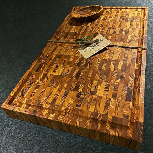 What the Art!® Olive Wood «The Mosaic Block» | Olivenholz Schneidebrett + Dip-Schälchen | Handarbeit | Hackbrett - Arbeitsbrett - Profibrett (XXL | 60 x 30 x 4,5 cm) von What the Art!